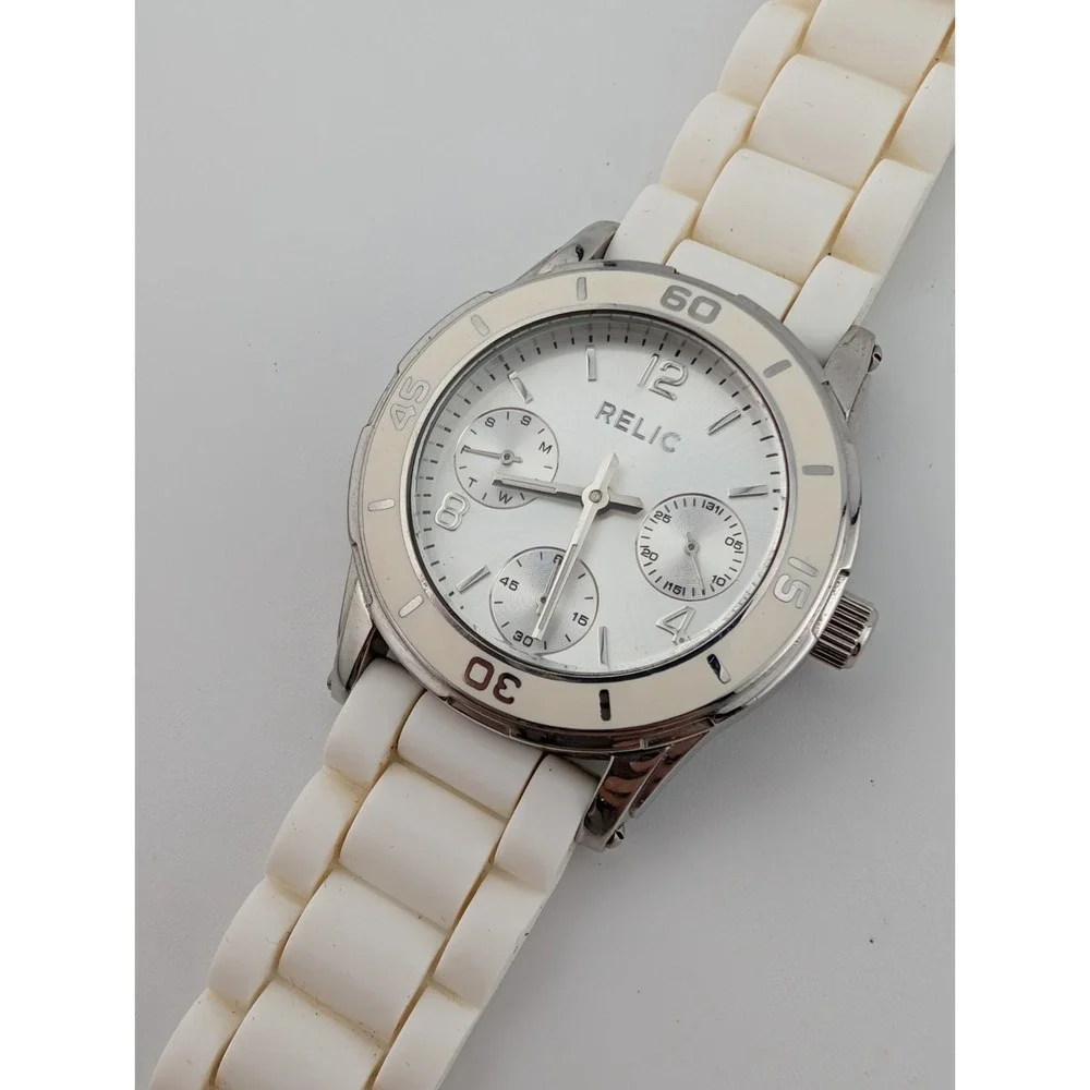 Relic Multifunction Watch Women 34mm‎ Case Silicone Band ZR15582- New Battery